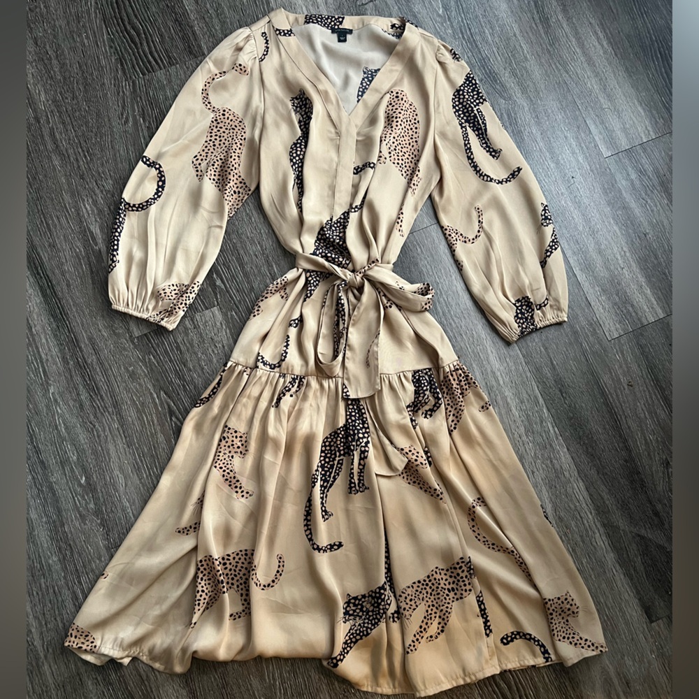 Ann Taylor Leopard Print Midi Dress with Tie Belt